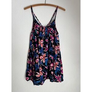 Roxy Floral Print Mini Dress Cami Straps V Neck Black Blue Pink